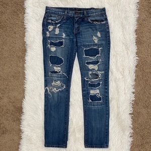 Flying monkey distressed/ patchwork jeans
